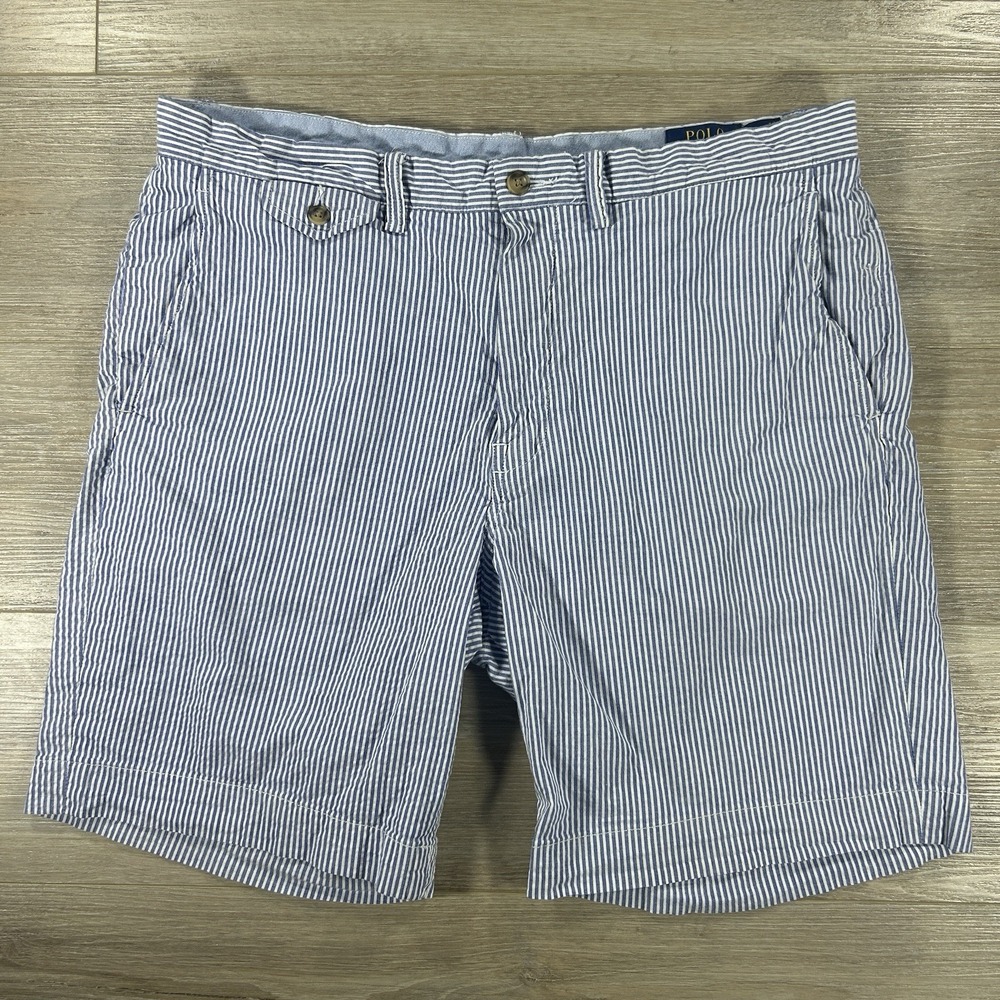 Ralph Lauren Polo Shorts Mens 34 Blue Seersucker Chino Stretch‎ Classic Fit Pony